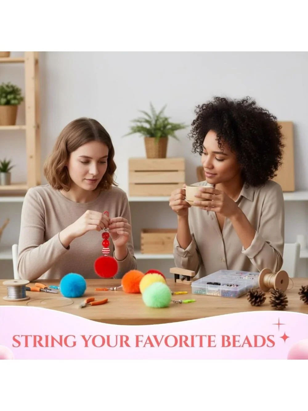 30 Pack DIY Beadable Keychain Bars with Pompom Balls - Fluffy Craft Gift Jewelry